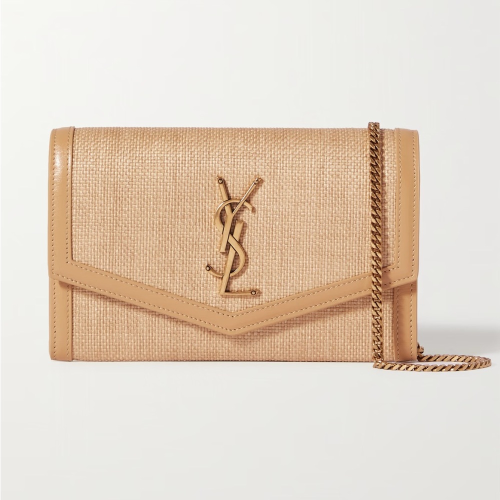 YSL uptown leather-trimmed raffia shoulder bag